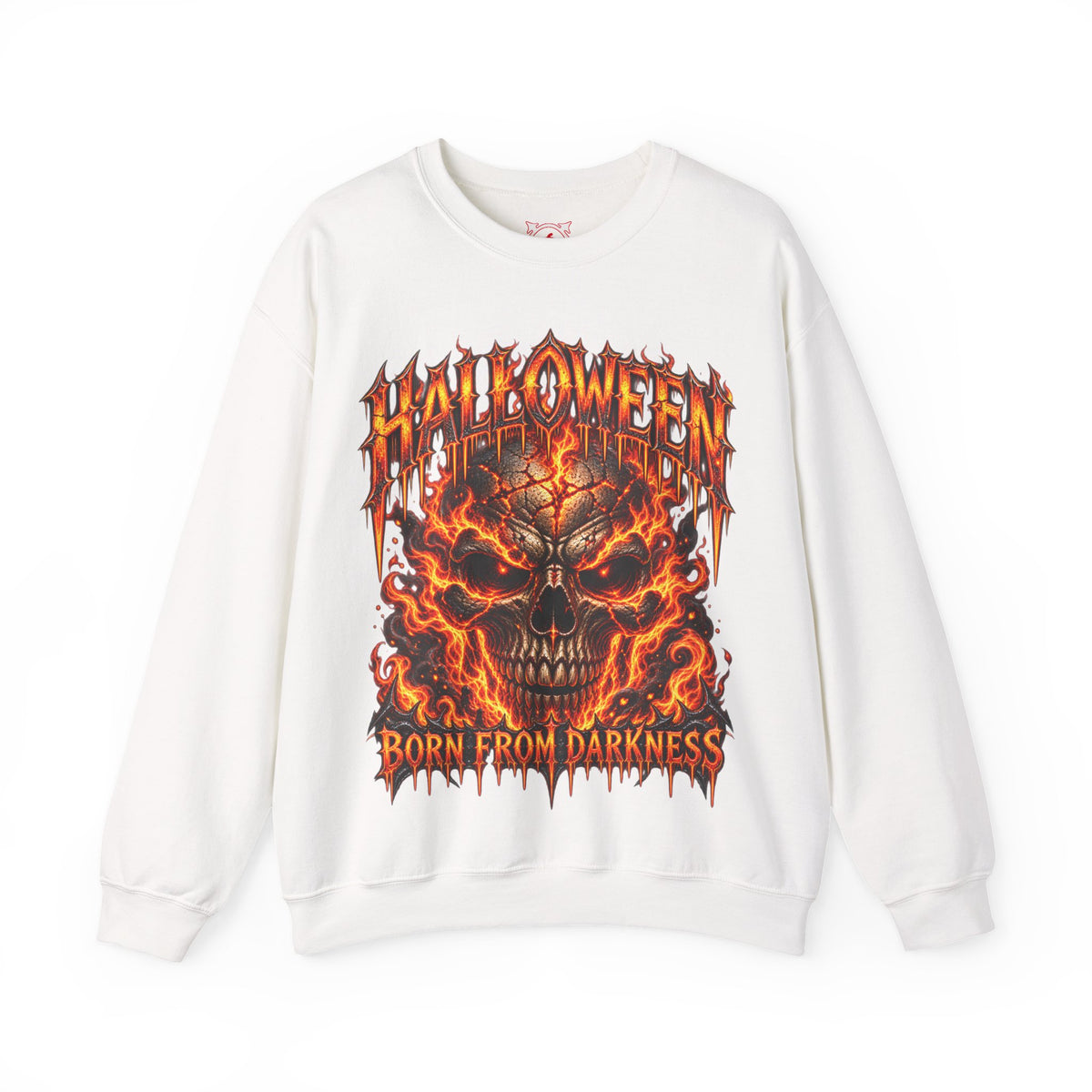 Born from Darkness Flaming Skull Sweatshirt in White — front view
