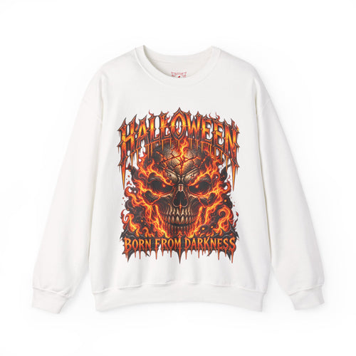 Born from Darkness Flaming Skull Sweatshirt in White — front view