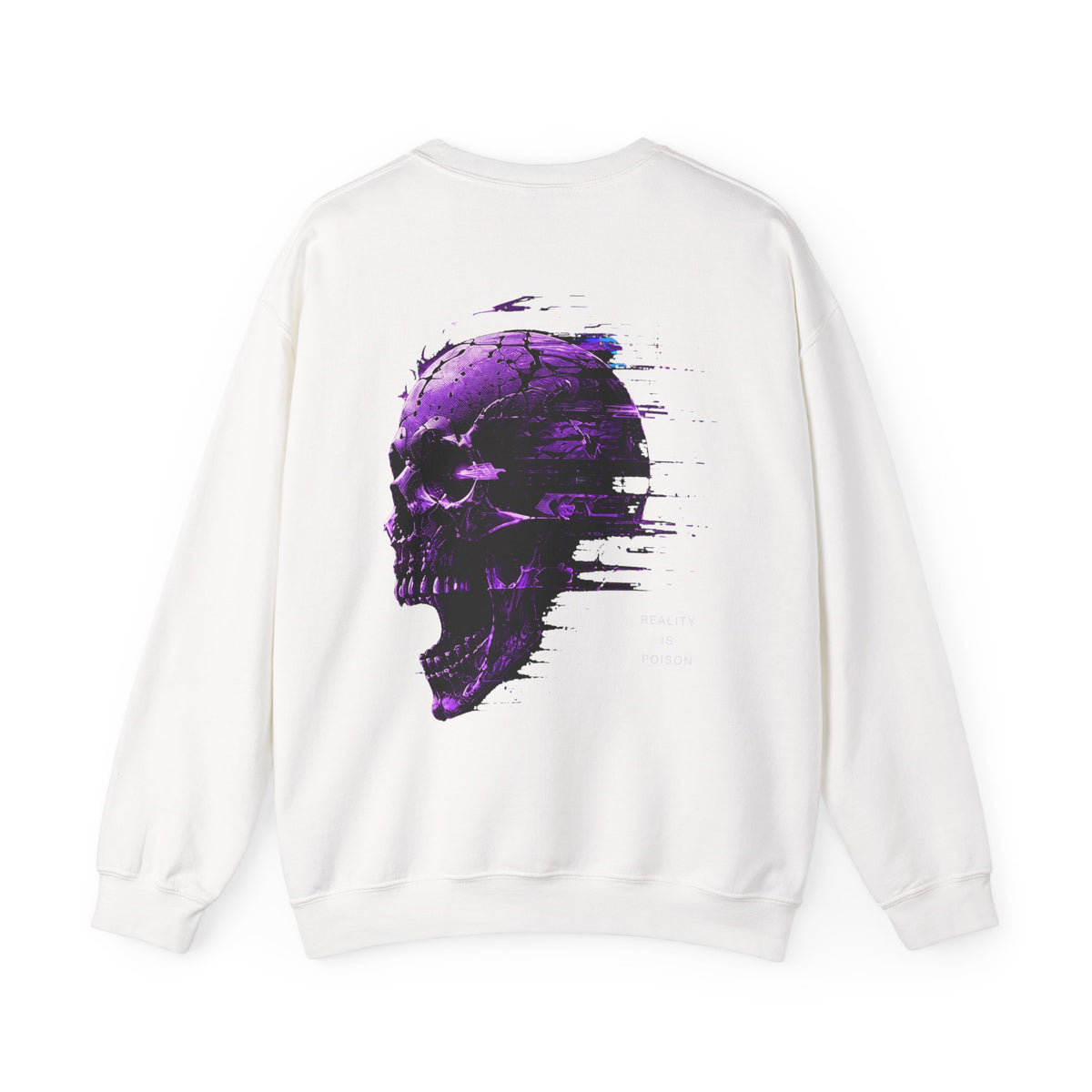 Reality Is Poison Glitch Skull Sweatshirt in White — back view