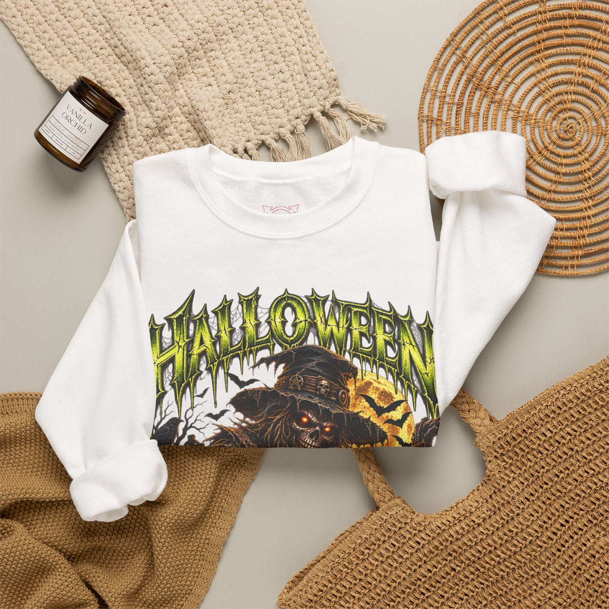 No One Leaves Scarecrow Sweatshirt in White — folded view