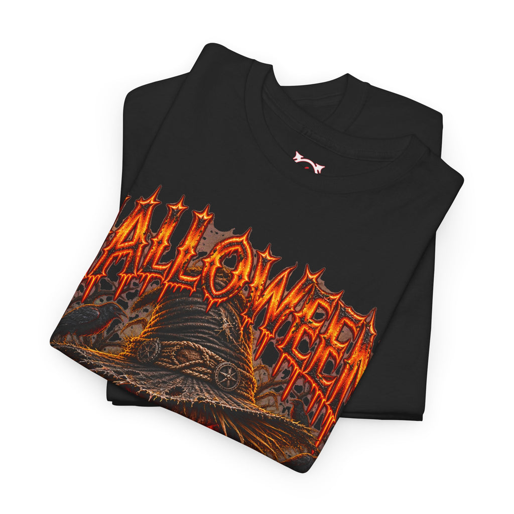 Trick or Treat Pumpkin Scarecrow T-Shirt in Black — folded view