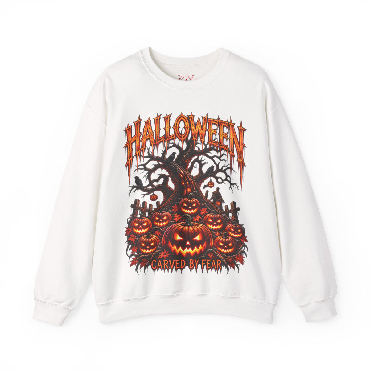 Carved by Fear Pumpkin Sweatshirt in White — front view