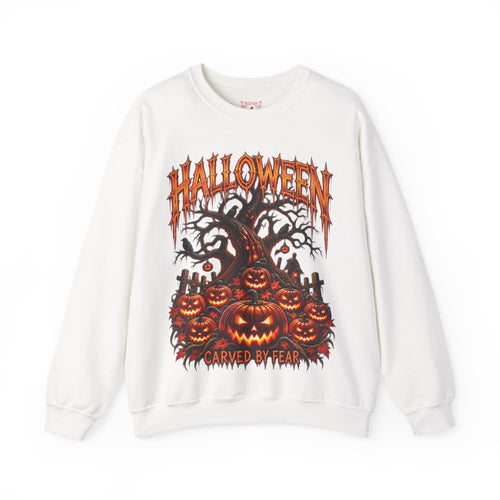 Carved by Fear Pumpkin Sweatshirt in White — front view