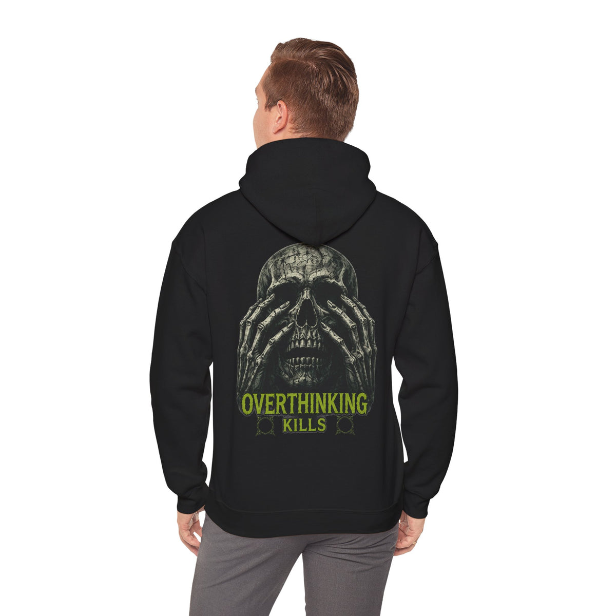 Overthinking Kills Skull Hoodie in Black — model view