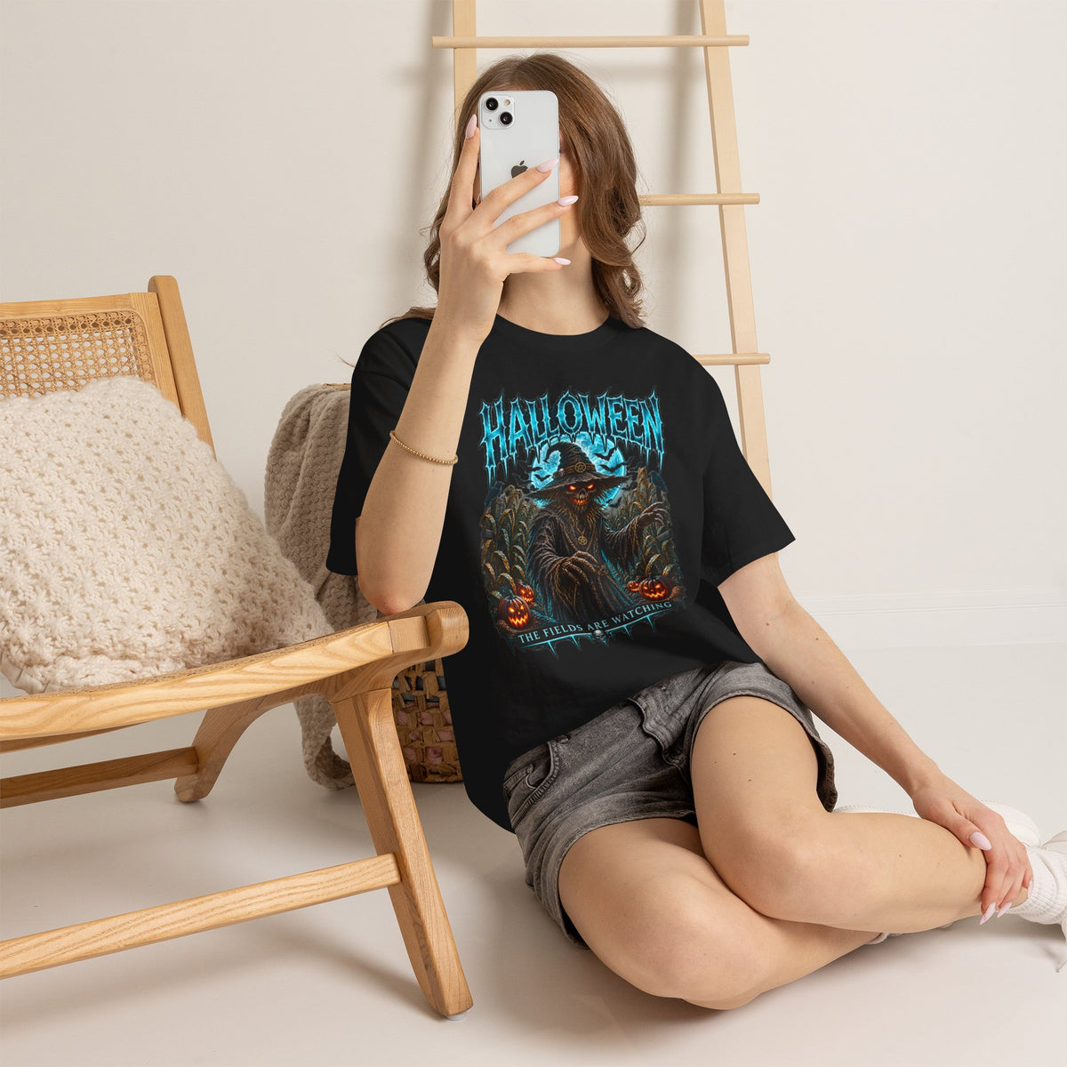 The Fields Are Watching Scarecrow T-Shirt in Black — model view