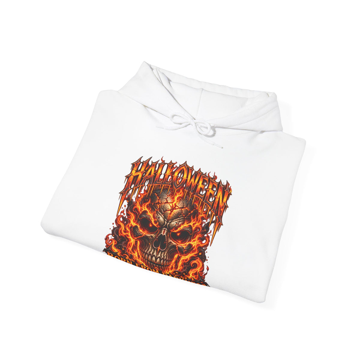 Born from Darkness Flaming Skull Hoodie in White — folded view