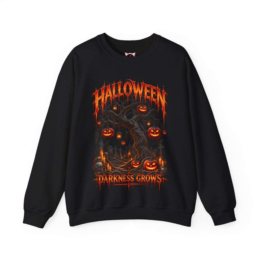 Darkness Grows Pumpkin Tree Sweatshirt in Black — front view