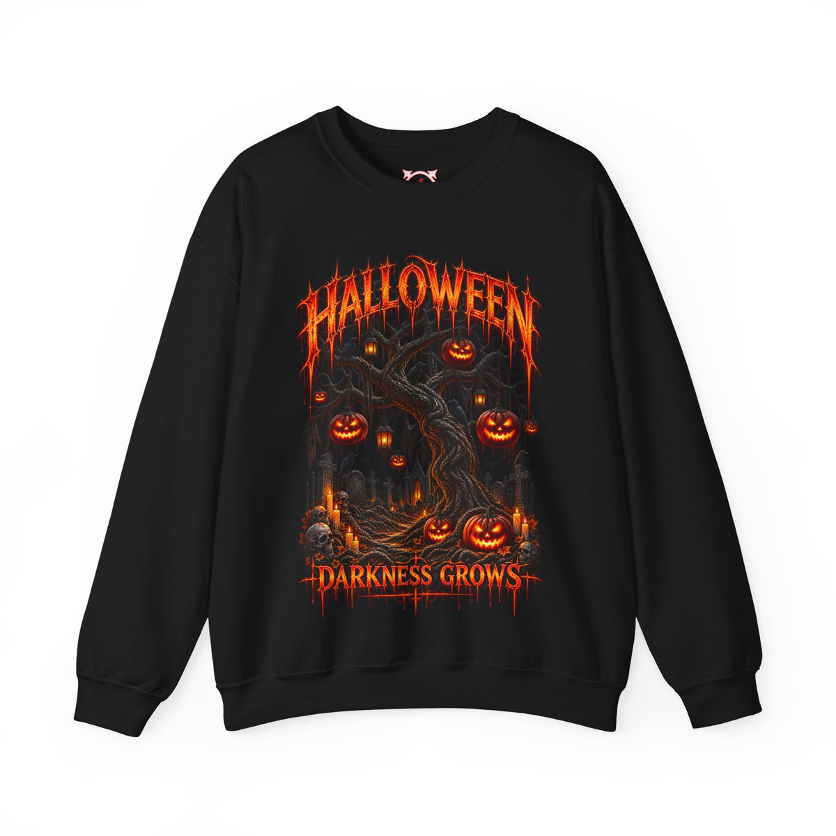 Darkness Grows Pumpkin Tree Sweatshirt in Black — front view