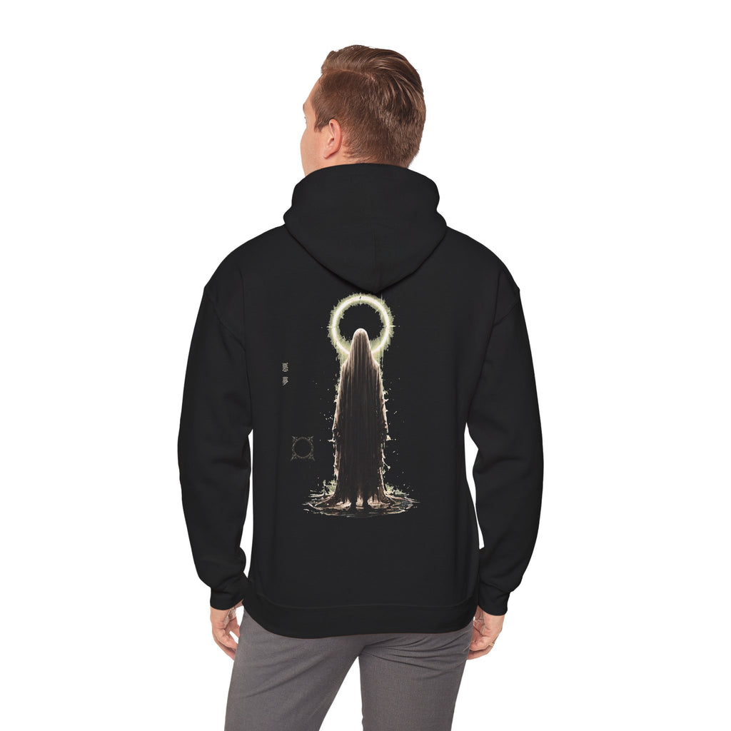 Pale Halo Ghost Hoodie in Black — model view