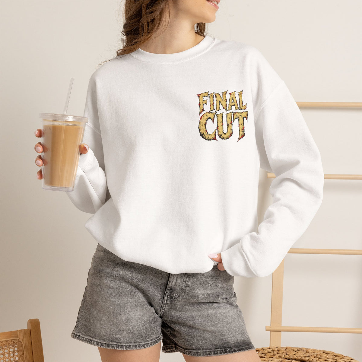 Final Cut Horror Mask Sweatshirt in White — model view