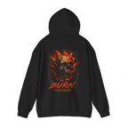 Burn the Fear Flaming Skull Hoodie in Black — back view