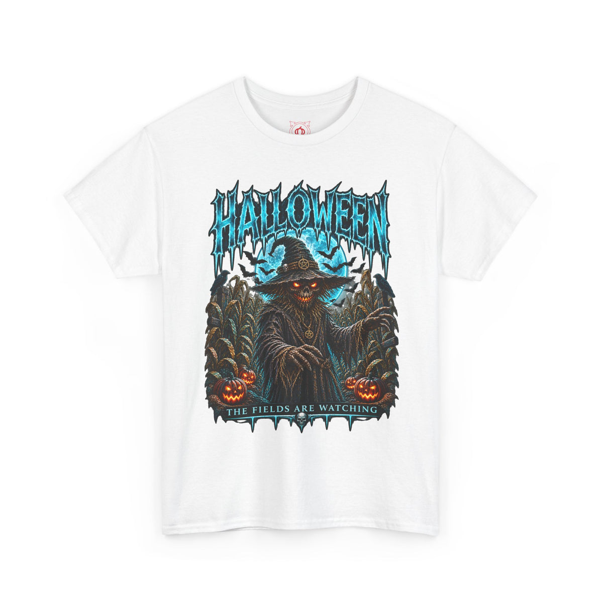 The Fields Are Watching Scarecrow T-Shirt in White — front view