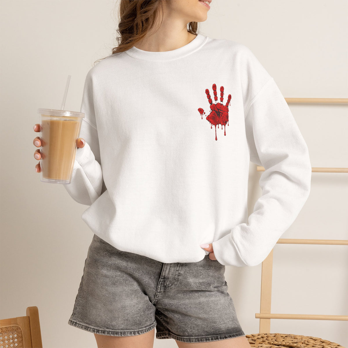 Red Handprint Sweatshirt in White — model view