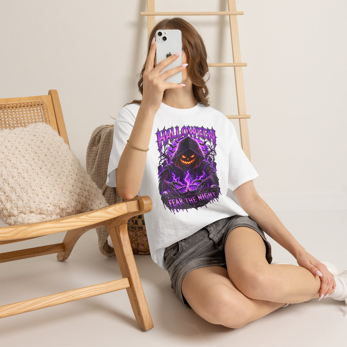 Fear the Night Pumpkin T-Shirt in White — model view