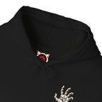 Still Reaching Zombie Hand Hoodie in Black — front view