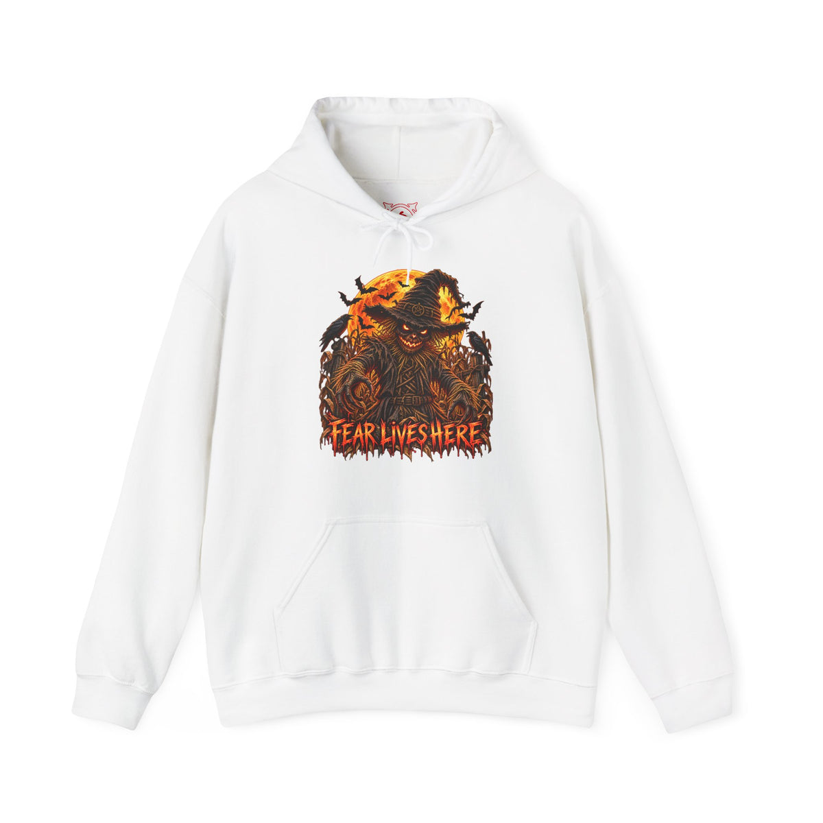 Fear Lives Here Scarecrow Hoodie in White — front view