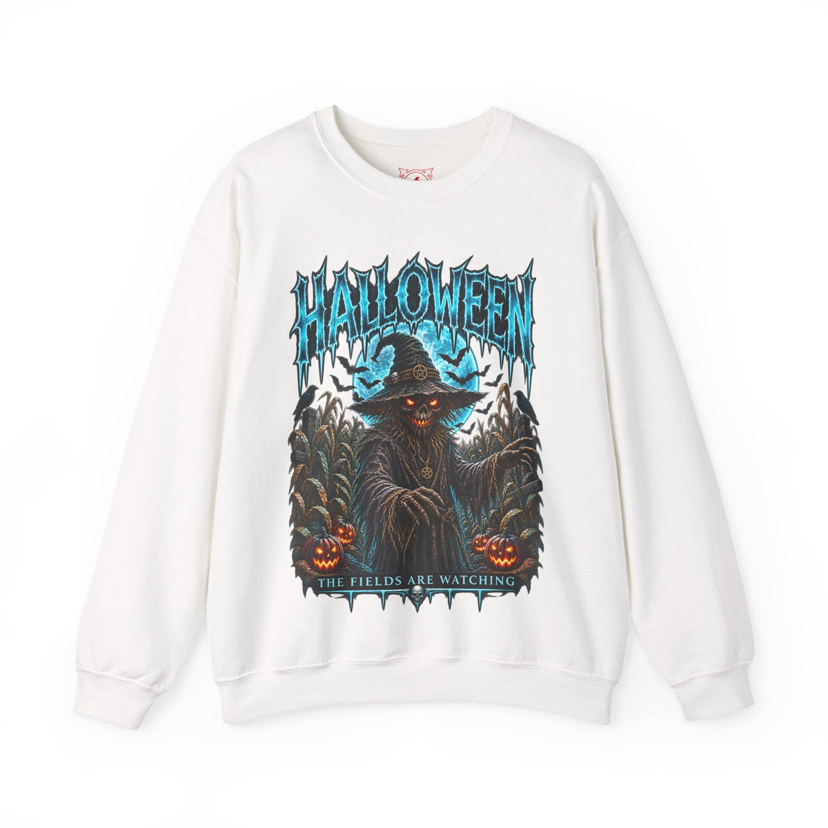 The Fields Are Watching Scarecrow Sweatshirt in White — front view
