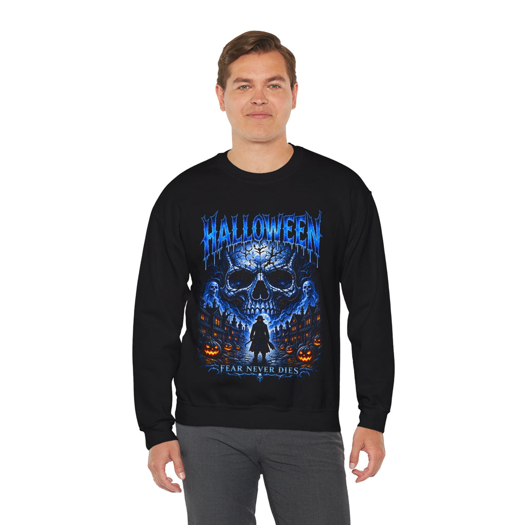 Fear Never Dies Skull Sweatshirt in Black — model view