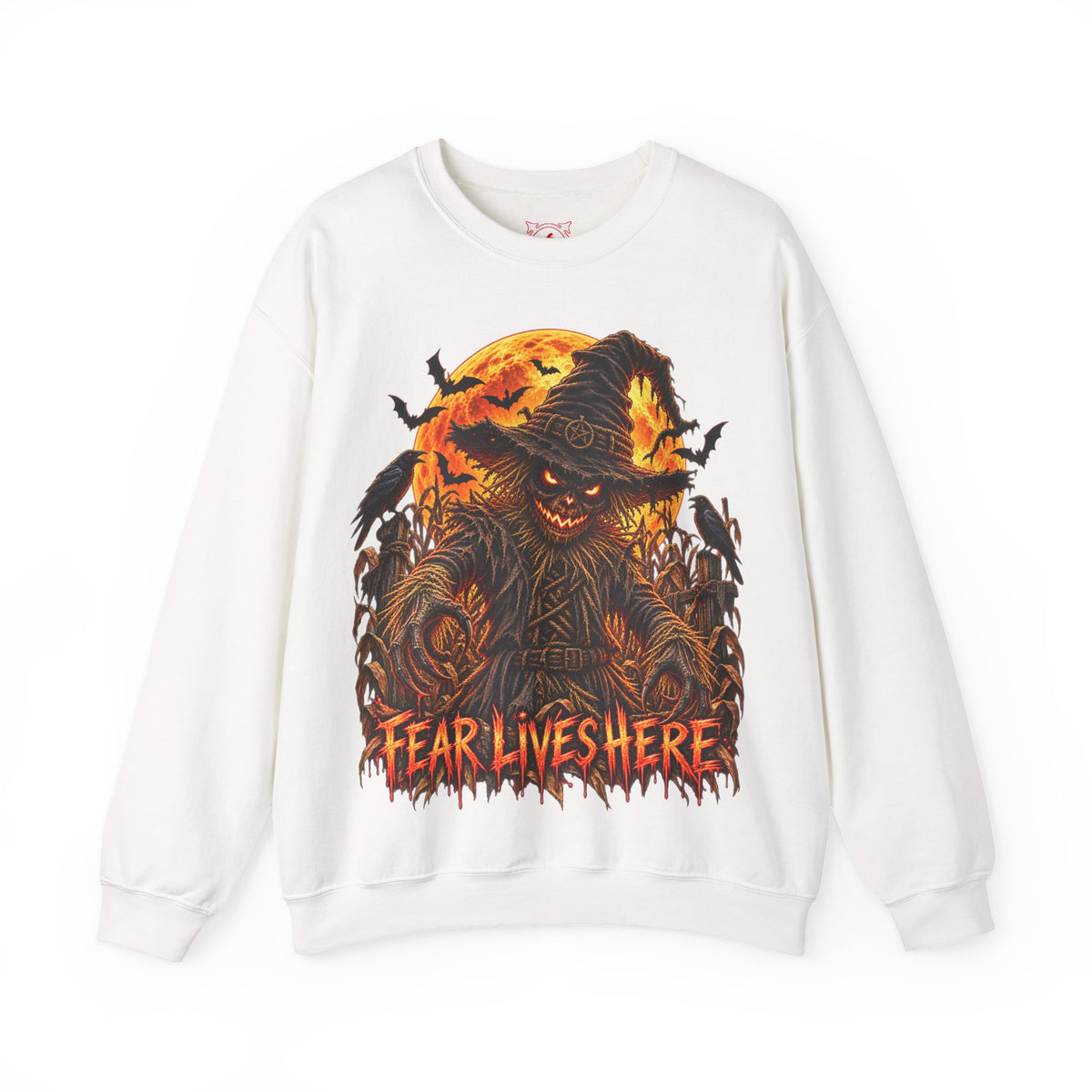 Fear Lives Here Scarecrow Sweatshirt in White — front view