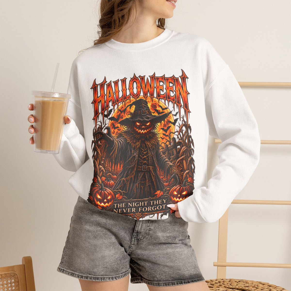 Never Forgotten Scarecrow Sweatshirt in White — model view