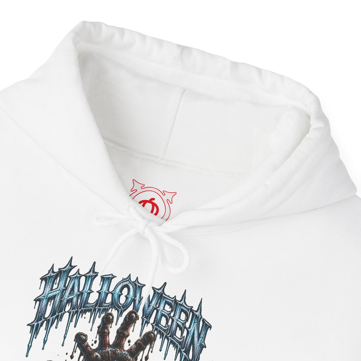 Never Stay Buried Zombie Hand Hoodie in White — front view