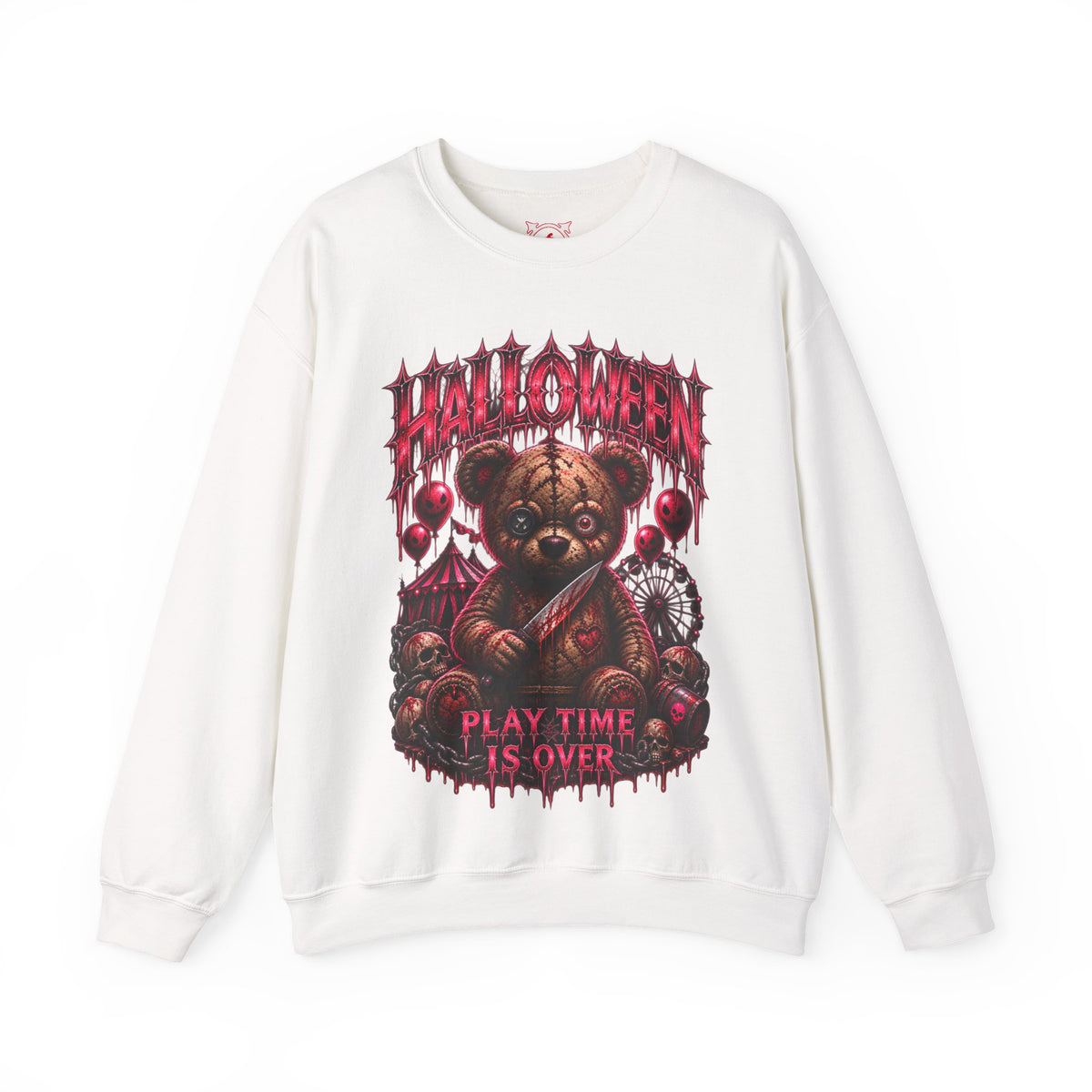 Playtime Is Over Creepy Teddy Bear Sweatshirt in White — front view