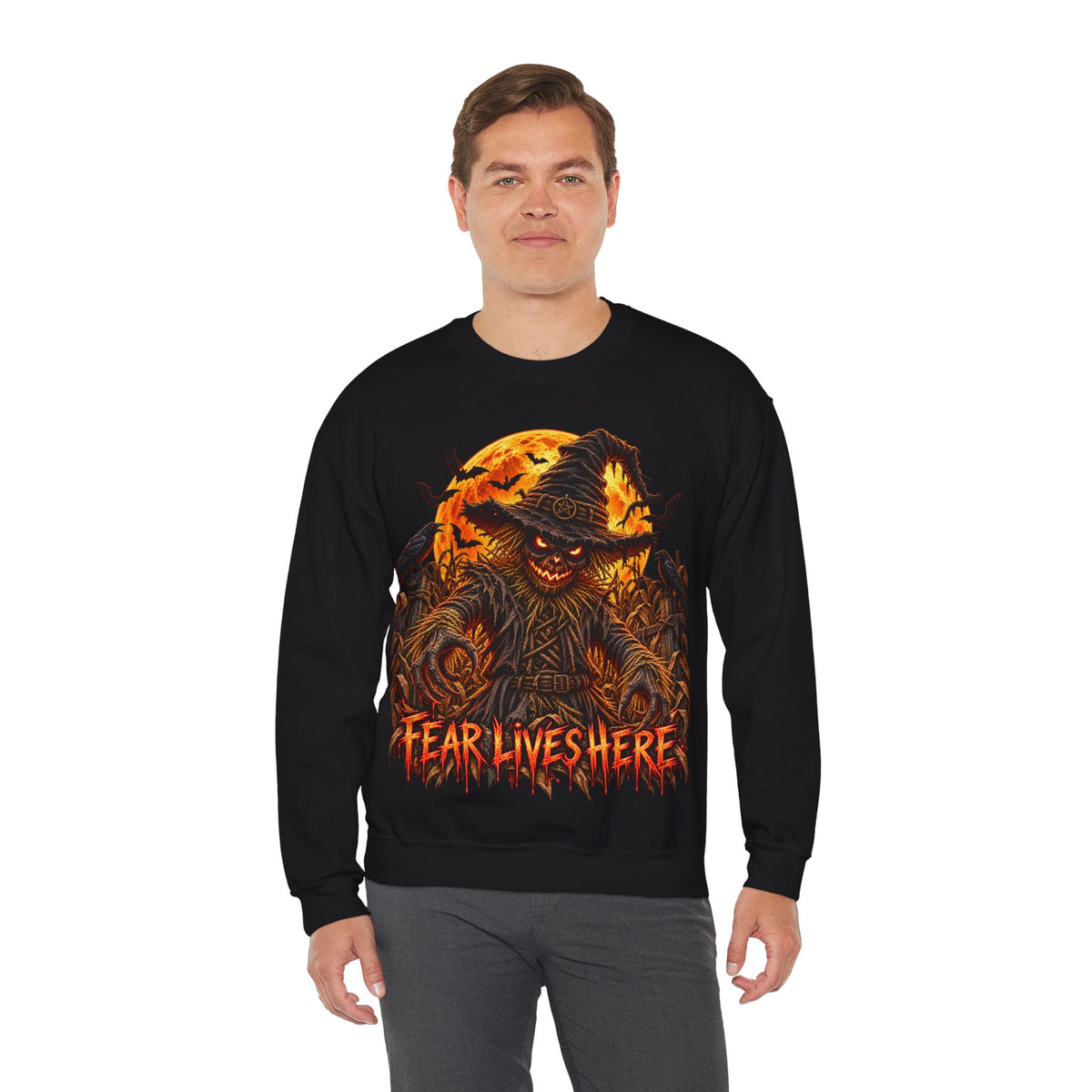 Fear Lives Here Scarecrow Sweatshirt in Black — model view