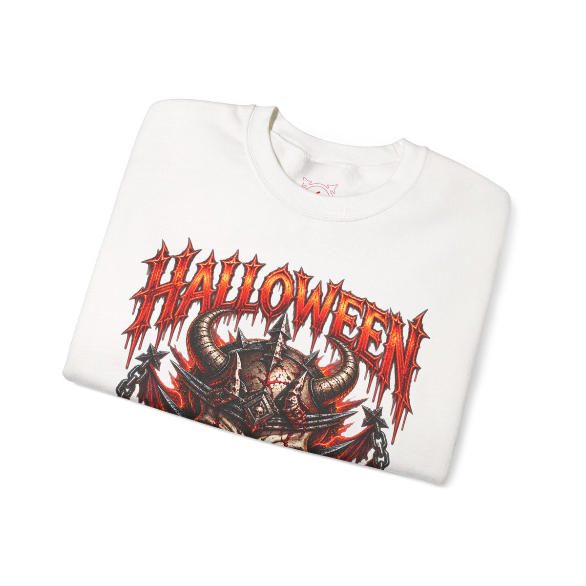 Hell Is Coming Horned Skull Sweatshirt in White — folded view