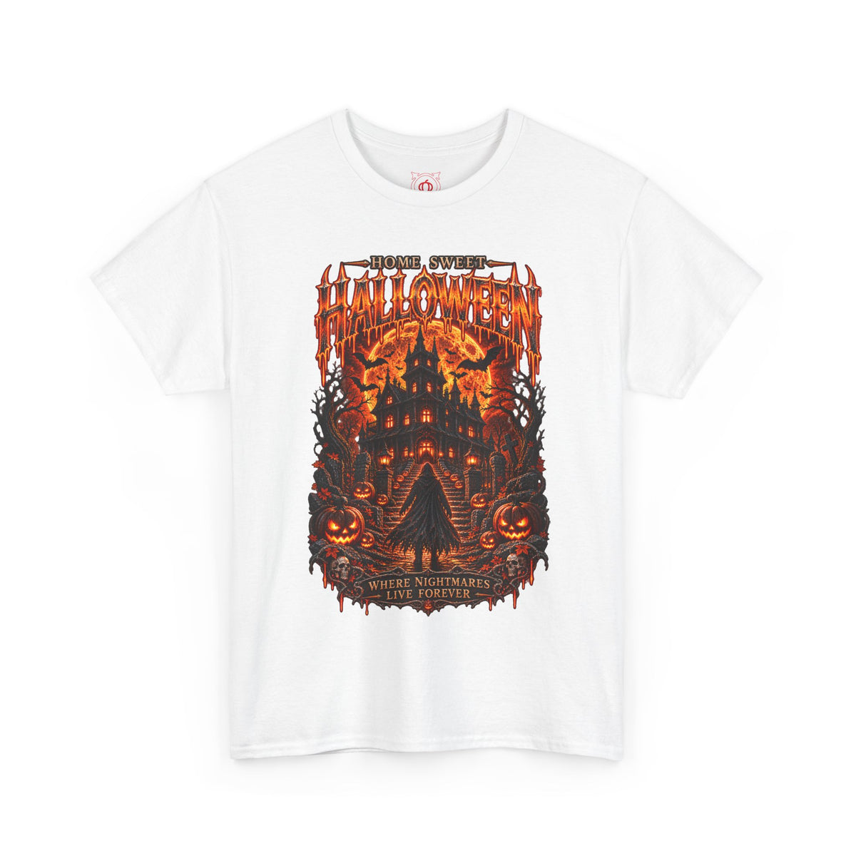Home Sweet Halloween Haunted House T-Shirt in White — front view