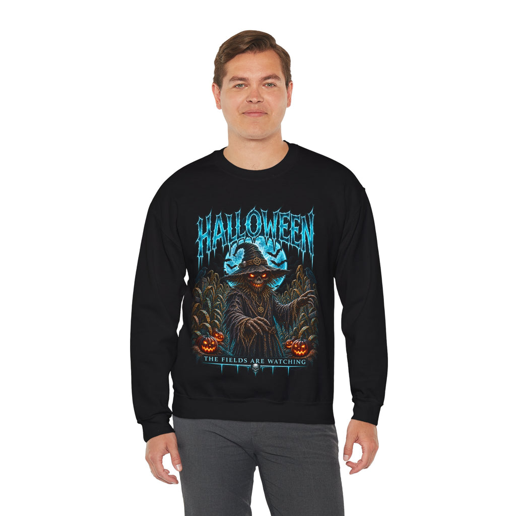 The Fields Are Watching Scarecrow Sweatshirt in Black — model view