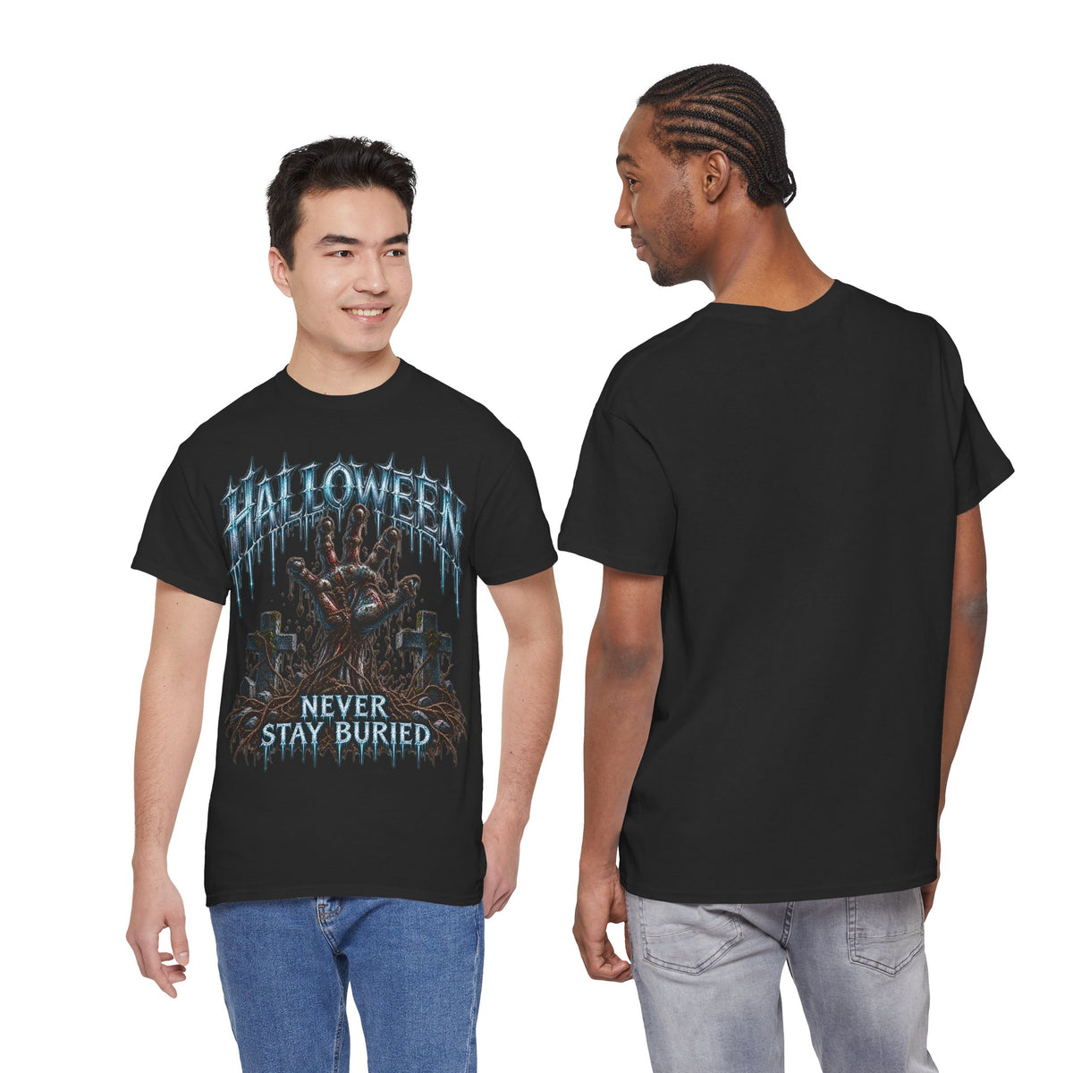 Never Stay Buried Zombie Hand T-Shirt in Black — model view