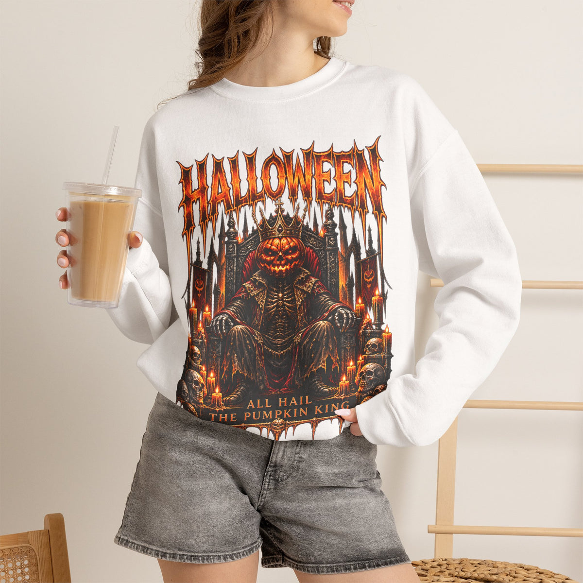 Pumpkin King Sweatshirt in White — model view