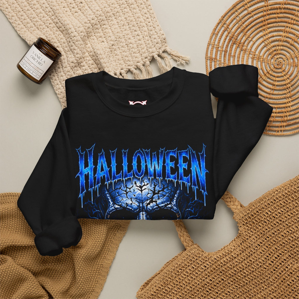 Fear Never Dies Skull Sweatshirt in Black — folded view