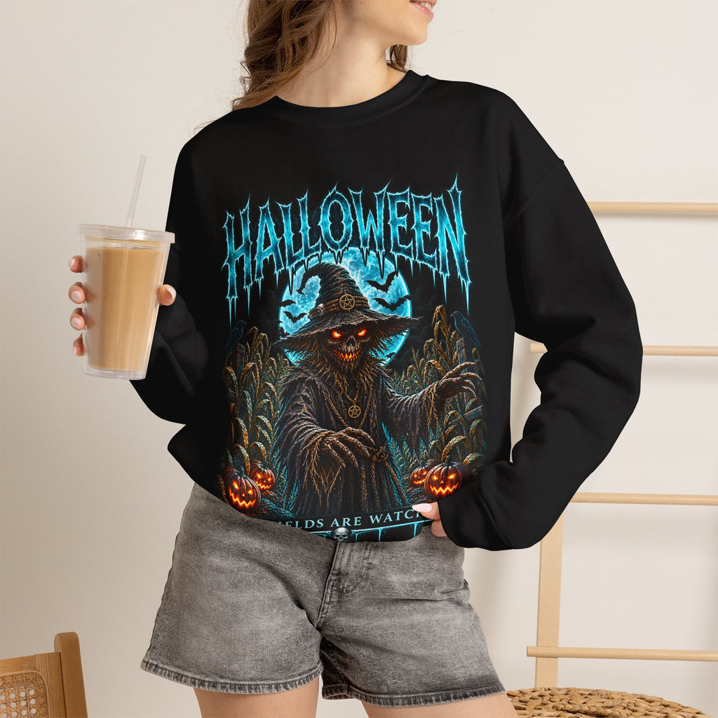 The Fields Are Watching Scarecrow Sweatshirt in Black — model view