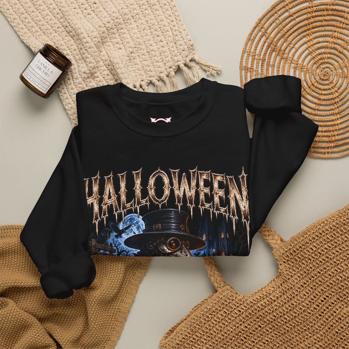 Plague Watch Plague Doctor Sweatshirt in Black — folded view