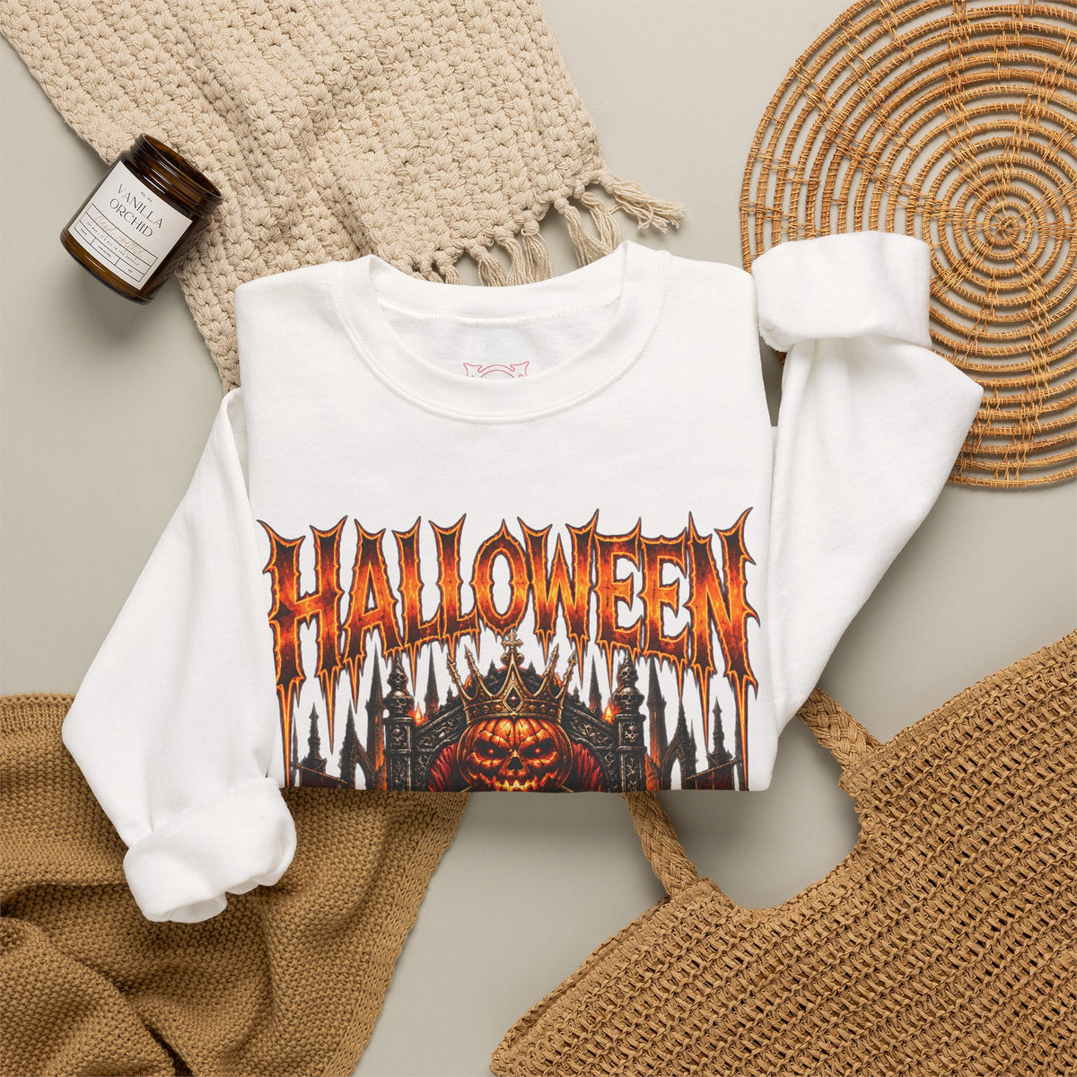 Pumpkin King Sweatshirt in White — folded view