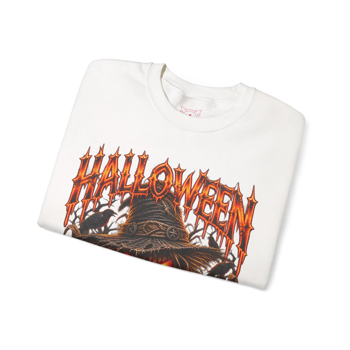 Trick or Treat Pumpkin Scarecrow Sweatshirt in White — folded view