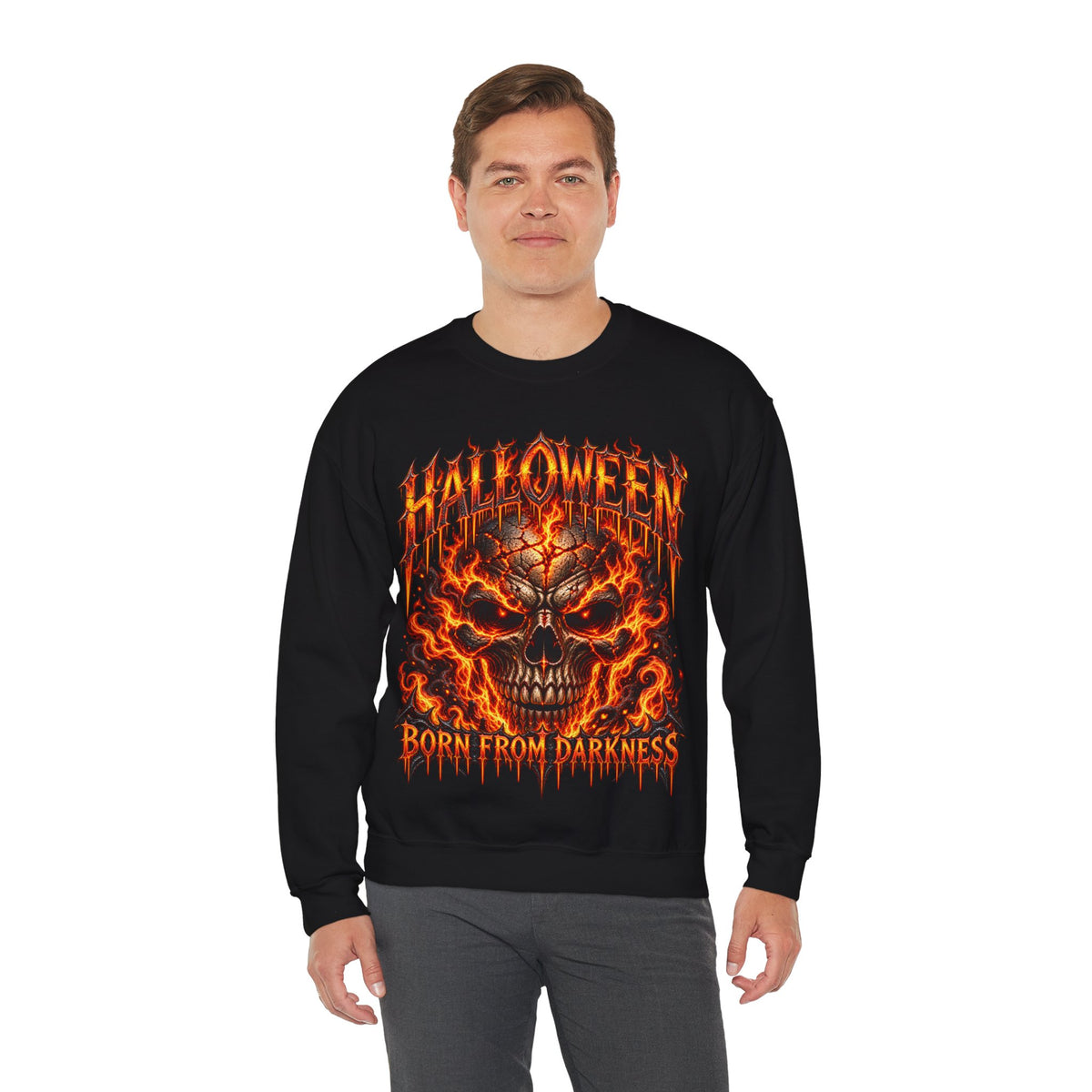 Born from Darkness Flaming Skull Sweatshirt in Black — model view