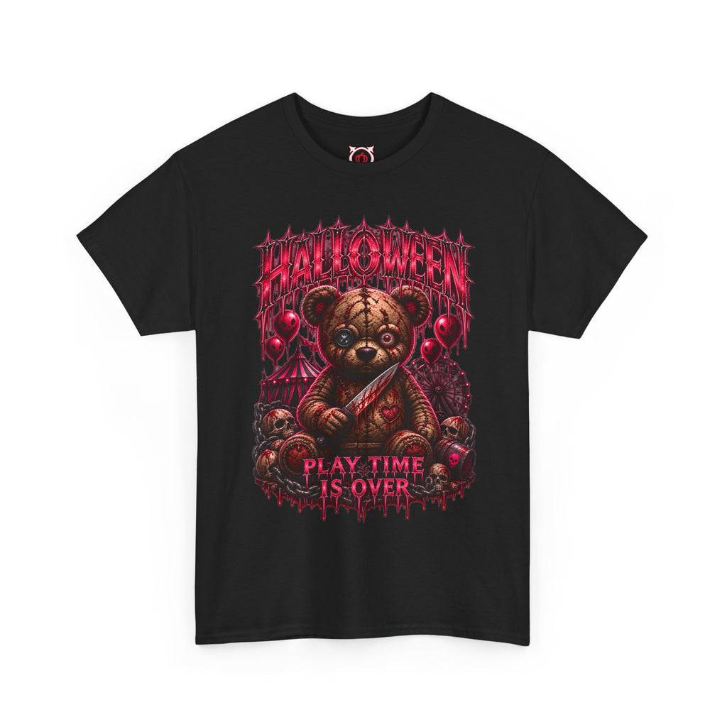 Playtime Is Over Creepy Teddy Bear T-Shirt in Black — front view
