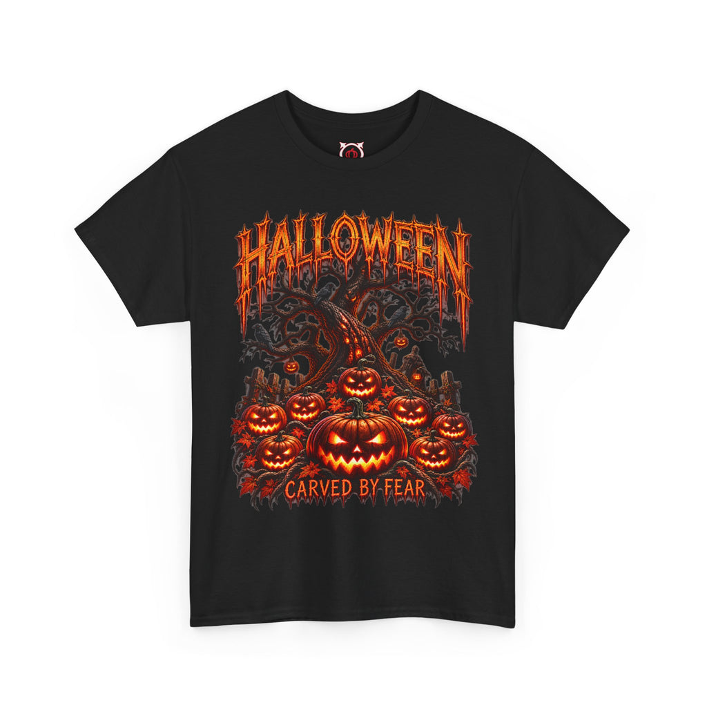 Carved by Fear Pumpkin T-Shirt in Black — front view