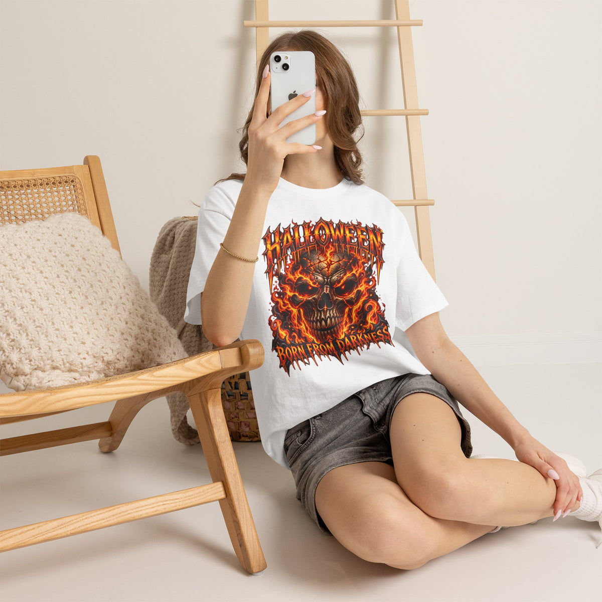 Born from Darkness Flaming Skull T-Shirt in White — model view