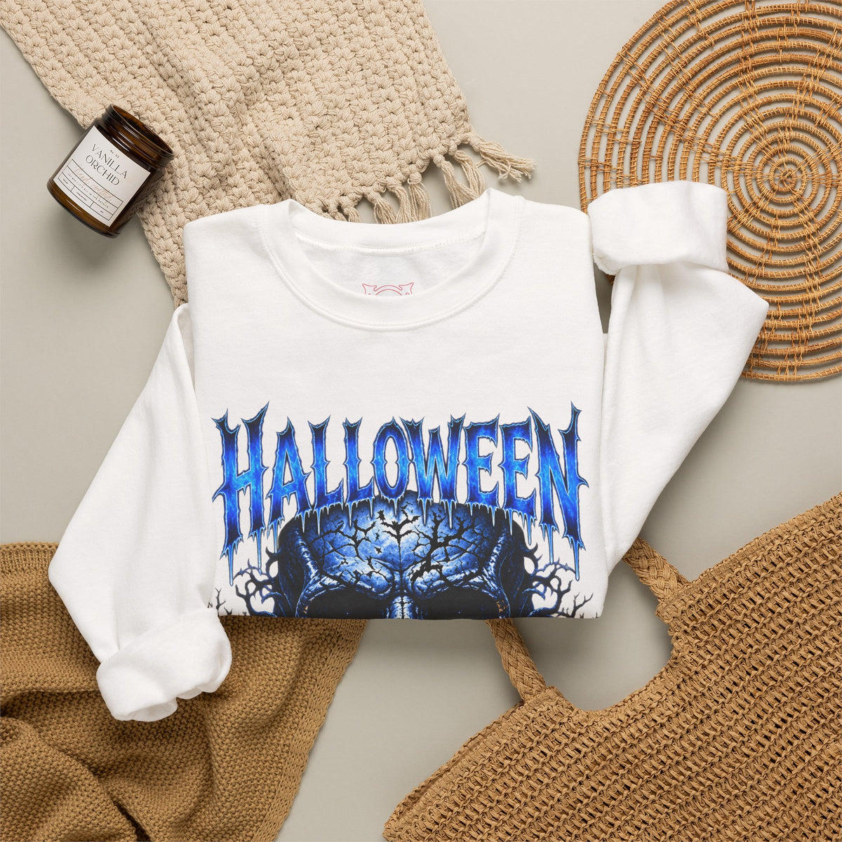 Fear Never Dies Skull Sweatshirt in White — folded view