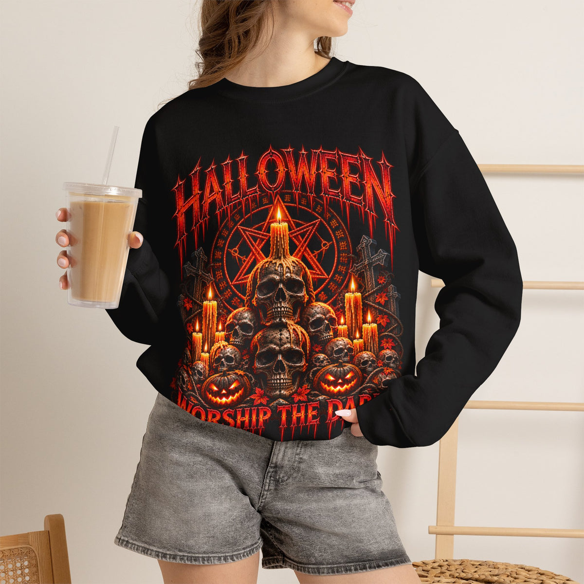 Worship the Dark Occult Sweatshirt in Black — model view