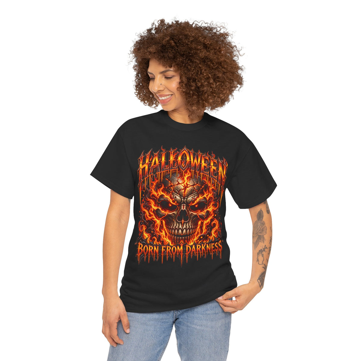 Born from Darkness Flaming Skull T-Shirt in Black — model view