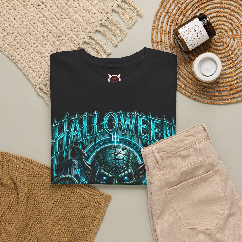 Ancient Awakening Tentacle Creature T-Shirt in Black — folded view