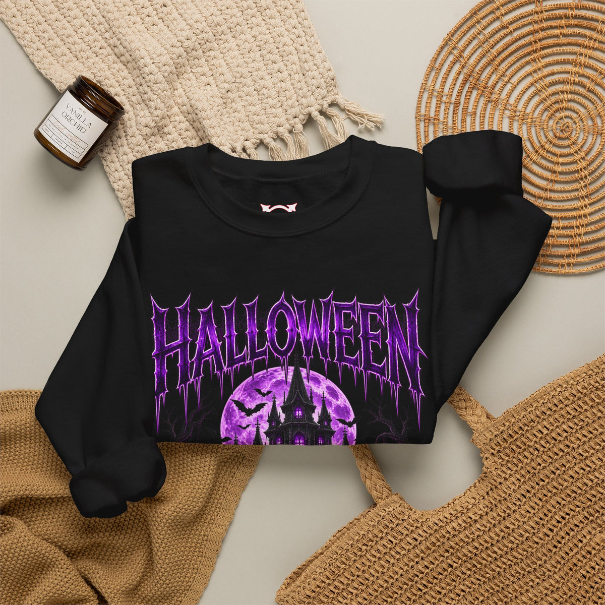 Enter If You Dare Haunted House Sweatshirt in Black — folded view