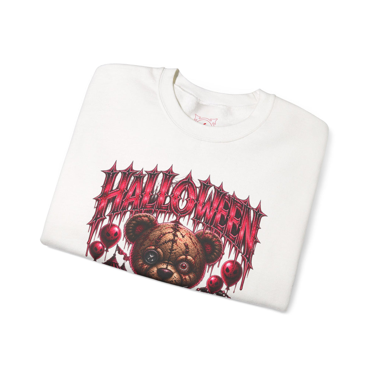 Playtime Is Over Creepy Teddy Bear Sweatshirt in White — folded view