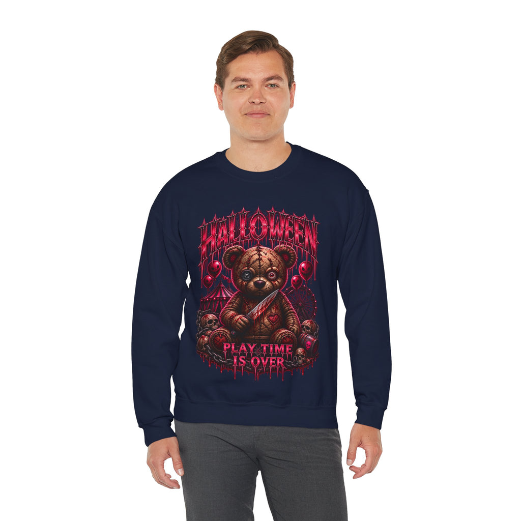 Playtime Is Over Creepy Teddy Bear Sweatshirt in Navy — model view