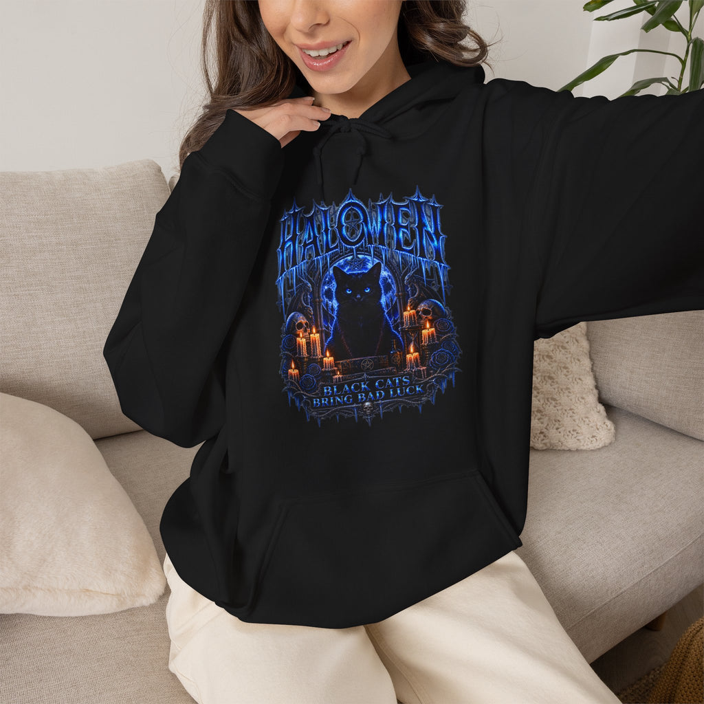 Black Cat Omen Hoodie in Black — model view