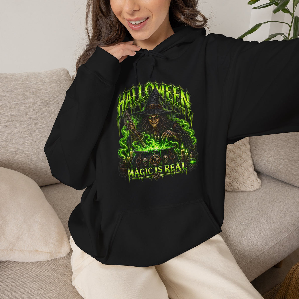 Magic Is Real Witch Hoodie in Black — model view